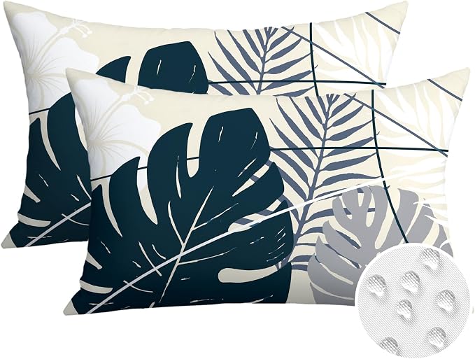 OTOSTAR Outdoor Waterproof Throw Pillow Covers 16x24 Inch Set of 2 Double-Sided Dark Blue Grey Tropical Leaf and Flower Spring Summer Decorative Pillow Cases for Patio Funiture Garden Balcony Couch