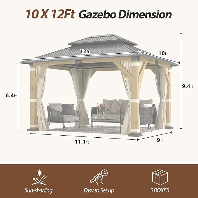 10' x 12' Wood Gazebo,Outdoor Cedar Wood Hardtop Gazebo with Galvanized Steel Doule Roof, Wooden Frame Gazebo with Netting and Curtains for Patio Backyard Deck