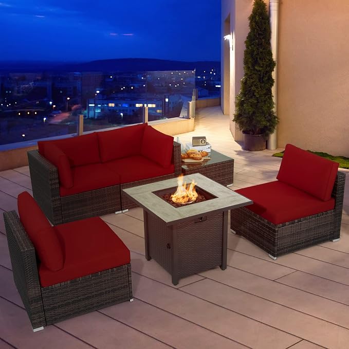 Tangkula 6 Piece Outdoor Rattan Sofa Set with 30in Propane Gas Fire Table, Ceramic Fire Tabletop, 50,000 BTU Heat Output, Cushions & Fire Pit Dust Cover, Patiojoy Weatherproof Wicker Set (Red)