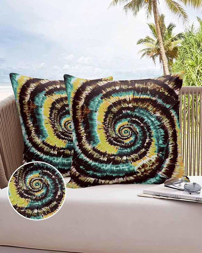 Vandarllin Outdoor Throw Pillows Covers 16x16 inch Set of 2 Waterproof Yellow Teal Tie-Dye Art Decorative Zippered Cushion Covers for Patio Furniture, Abstract Boho Tribe Lumbar Pillowcases