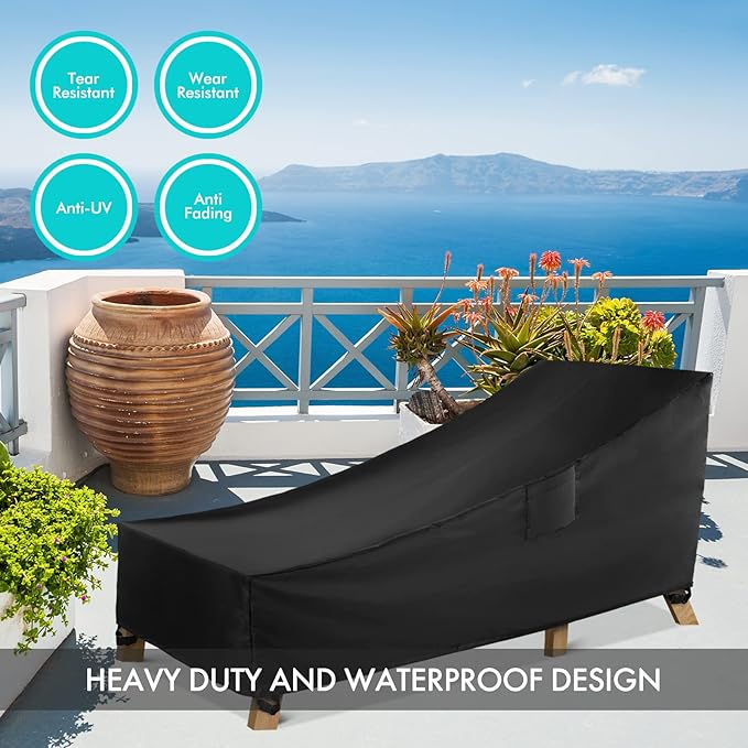 WLEAFJ Patio Chaise Lounge Cover Waterproof, Heavy Duty Outdoor Lounge Chair Covers, Black Durable Patio Furniture Covers, 70L x 32W x 30H inch