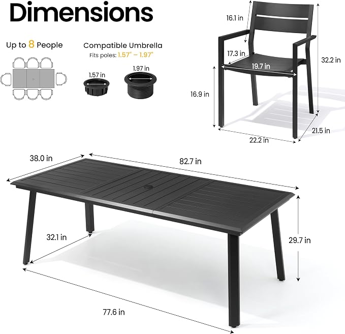 9-Piece Aluminum Outdoor Dining Set with Stackable Armchairs | 82" Large Rectangular Patio Table Rust Proof Outdoor Furniture with Umbrella Hole for Lawn Garden Deck