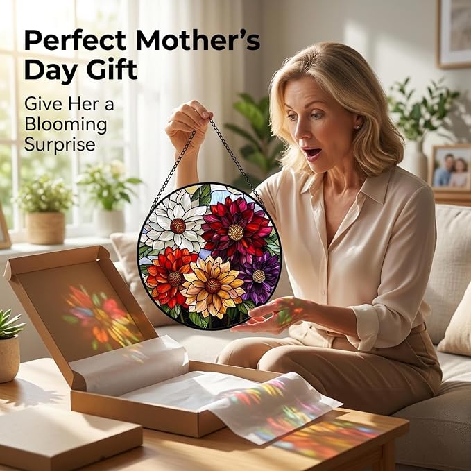 Birthday Gifts for Women - Colorful Flowers Faux Stained Glass Window Hanging Sun Catcher for Door Garden Acrylic Decor Mother's Day Christmas for Mom Nana Grandma Sisters Wife 11.8"