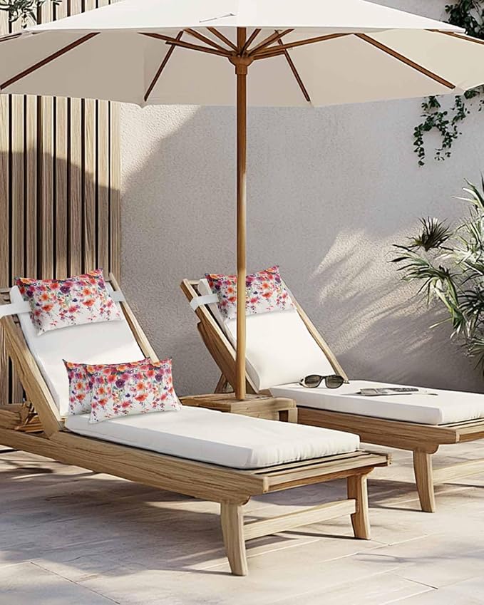 Pack of 2 Outdoor Lumbar Cushions with Inserts, Modern Colorful Flowers Watercolor Vine Texture Waterproof Fluffy Fade Body Pillows, Patio Furniture Pillow for Home Balcony Garden Decor 12x20IN