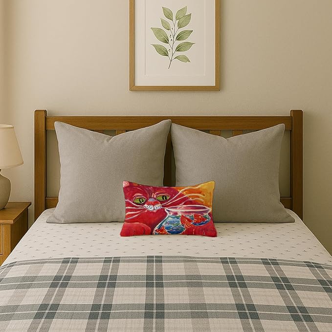 Caroline's Treasures 6048PW1216 Big Red Cat at the Fishbowl Canvas Fabric Decorative Pillow Machine Washable, Indoor Outdoor Decorative Pillow for Couch, Bed or Patio, 12HX16W