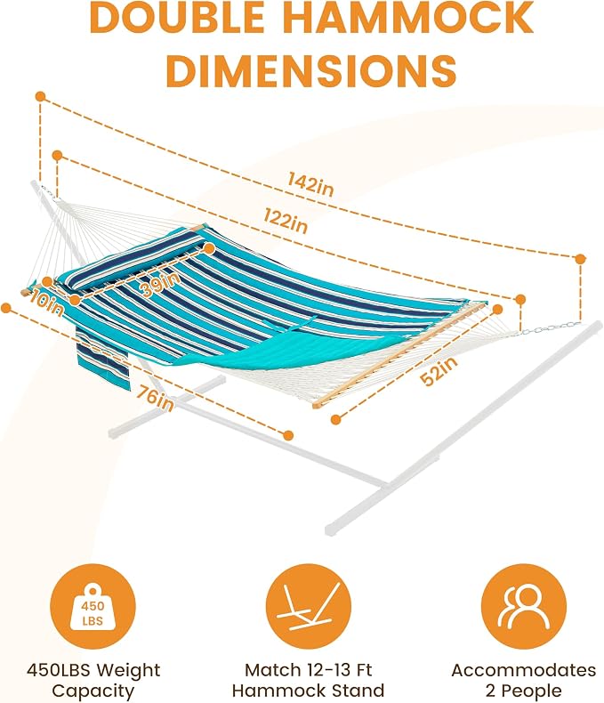 Lazy Daze Hammocks Rope Hammock with Pad, Spreader Bar, Carabiners, Tree Straps, Chains for Outside Patio- Max 450 Lbs, Turquoise Blue Stripes