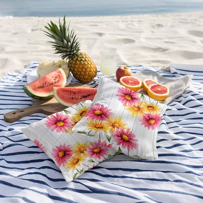 Yellow Pink Daisy Outdoor Pillow Covers 16"x16" Set of 2, Rustic Farmhouse Wooden Slats Waterproof Throw Pillow Covers for Patio Furniture, Decorative Cushion Covers for Porch