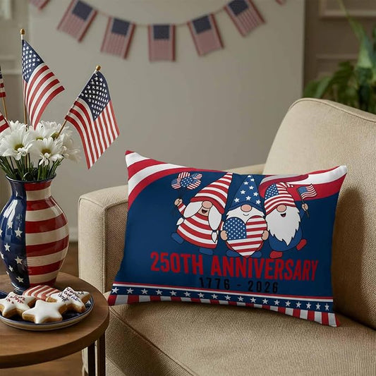250th Anniversary Outdoor Pillow Covers 20"x12" Set of 2, Patriotic Gnome USA Flag Independence Day Waterproof Throw Pillow Covers for Patio Furniture, Decorative Cushion Covers for Porch