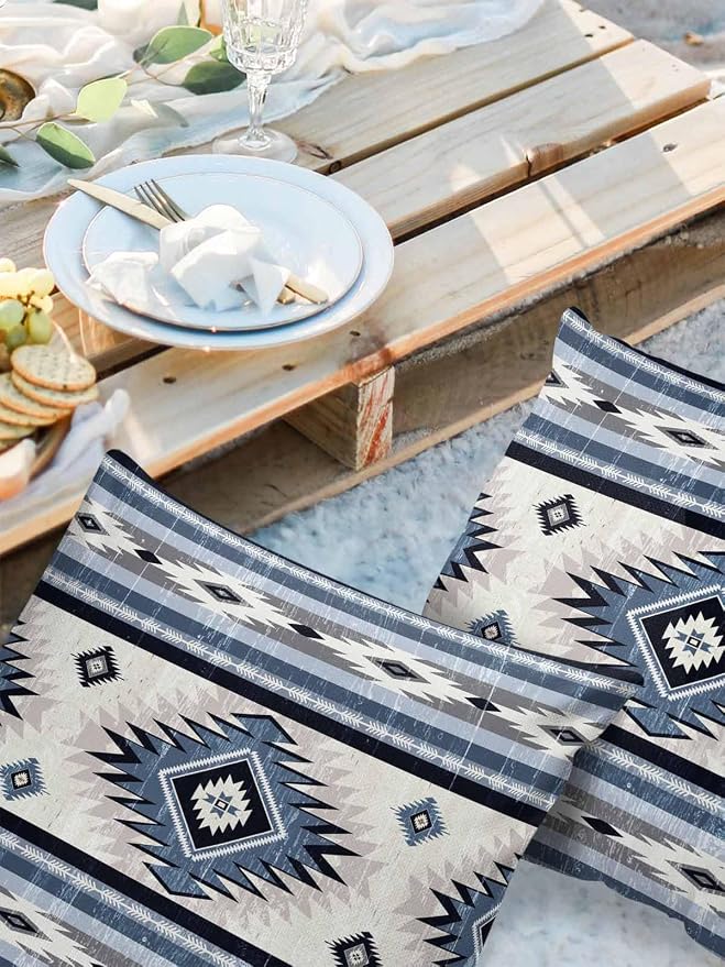 Outdoor Waterproof Throw Pillow Covers Set of 2 Blue Boho Aztec Pillowcases 26x26 Inches Southwest Tribal Geometric Patio Decorative Pillows Cushion Case Patio Pillows for Couch Bed Chair Garden