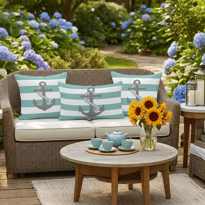 Turquoise Stripe Nautical Waterproof Outdoor Pillow Covers Set of 2 Home Decor, Grey Anchor Summer Coastal Pillowcase Patio Pillow Covers for Couch Bench Furniture Garden 16x16in