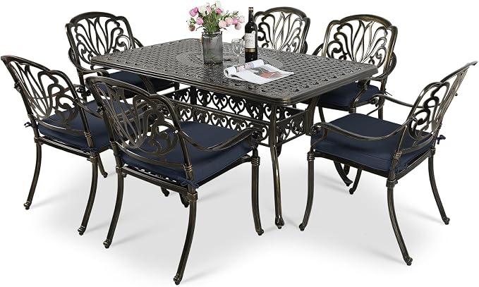 VIVIJASON 7-Piece Outdoor Furniture Dining Set, All-Weather Cast Aluminum Patio Conversation Set, Include 6 Cushioned Chairs and a Rectangle Table with Umbrella Hole, Navy Blue Cushion