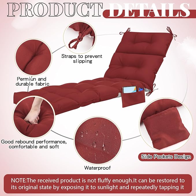 Kigley Outdoor Chaise Lounge Cushions with 3 Side Pocket 74.5 x 22 x 4.7 Inch Patio Chaise Lounge Cushion, Water-Repellent and Fade-Resistant Tufted Summer Replacement(2 Pcs,Ruby Red,Solid Color)