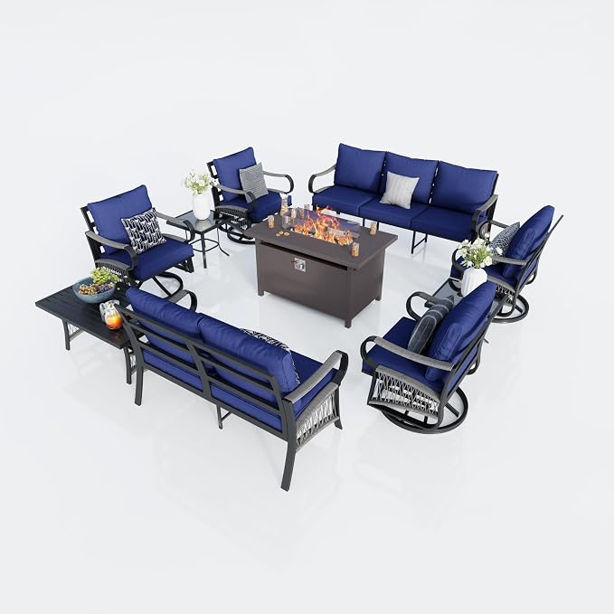 10-Piece Outdoor Furniture Set, Metal Swivel Rocking Chairs with All-Weather Cushions, Patio Conversation Set with Fire Pit Table for Deck, Porch, Garden, Backyard, Poolside (Blue Cushions)
