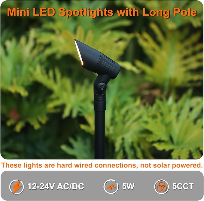 Mini Landscape Spotlights Low Voltage, 16'' Tall Pole, 5CCT 5W 12V LED Landscape Spot Lights Wired for Outdoor House Yard Palm Tree Flag Pathway Path Sidewalk, 60° Beam Angle, Black, 1PK