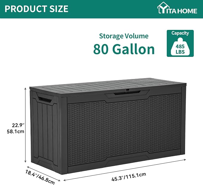 YITAHOME 80 Gallon Outdoor Storage Box, Large Water Resistant Resin Deck Box, Indoor Outdoor Lockable Rattan Storage Container for Patio, Garden, Cushions, Tools, Equipment (Dark Gray)