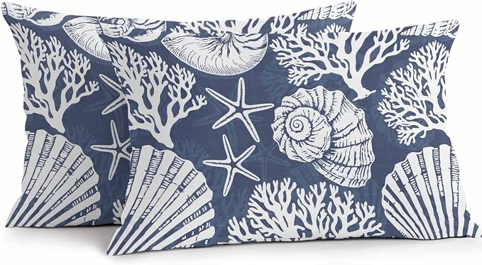 Lumbar Pillow Covers 20x12 Inch Set of 2, Navy Blue Starfish Coastal Waterproof Outdoor Pillow Covers, Summer Coral Shell Beach Nautical Decorative Cushion Pillowcases for Couch Sofa Bed Garden Patio