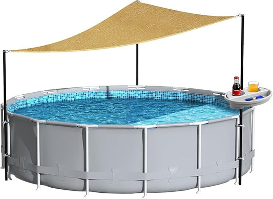 Above Ground Pool Shade Canopy Set - Triangular UV-Resistant Sunshade with Storage Tray & Support Poles, Outdoor Backyard Sun Shade Cloth for 11-16Ft Swimming Pools and Decks (10x10x10 Ft)
