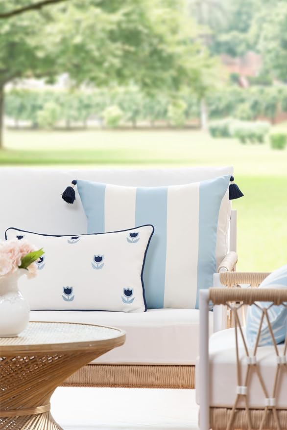 Hofdeco Premium Coastal Patio Indoor Outdoor Lumbar Pillow Cover Only, 12"x20" Water Repellent for Backyard, Couch, Navy Blue Embroidered Tulips Floral with Piping