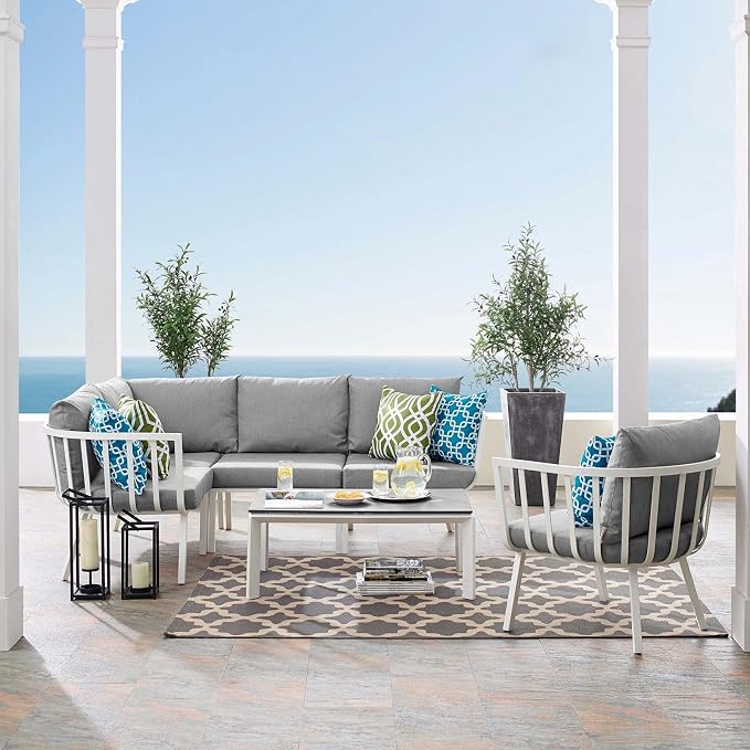 Modway Riverside 4 Piece Sectional Set with Armchair and Table, 61. 5" L x 114" w x 28" H, White Gray