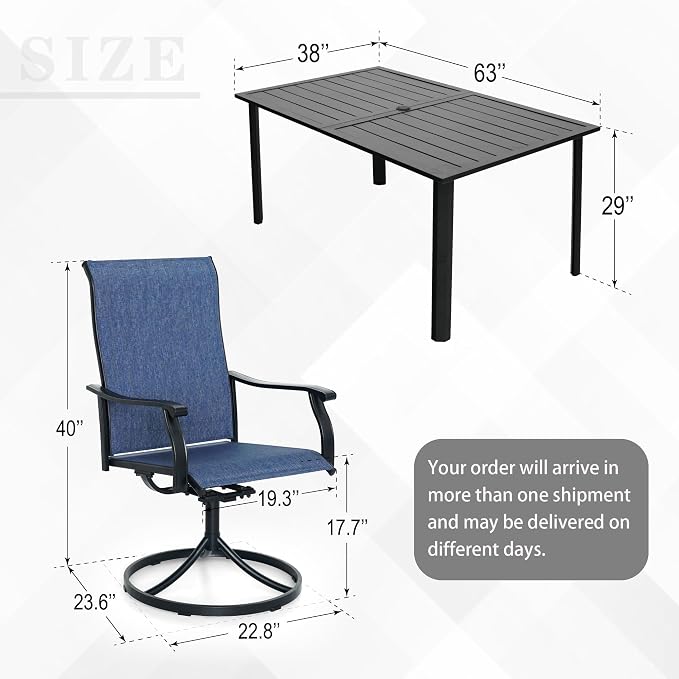 Anmutig 7 PCS Patio Dining Set, Rectangle Metal Table with 1.57" Umbrella Hole and 6 High Back Textilene Swivel Chairs, Suitable for All Weather
