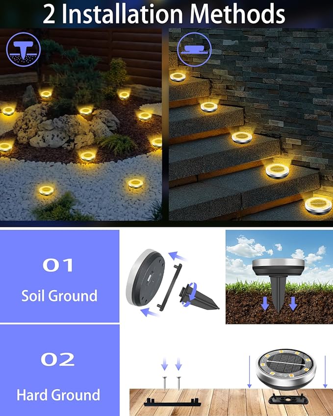 Solar Lights Outdoor Waterproof, 26 Pack 8 LED, Thickened Stainless Steel Ground Light, Solar Garden Lights Landscape Lighting for Patio Pathway Lawn Yard Deck Driveway Walkway, Warm White