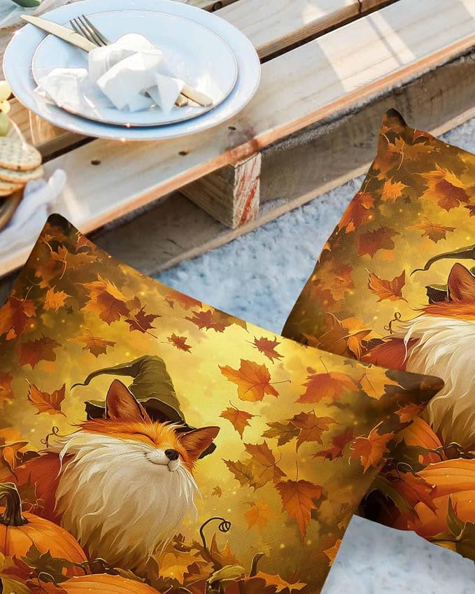 Outdoor Waterproof Throw Pillow Covers 24x24in, Fall Thanksgiving Cute Fox Cushions for Garden Patio Furniture Chairs Set of 2, Pumpkins Maple Leaves Home Decor Couch Sofa Polyester Pillow Cases
