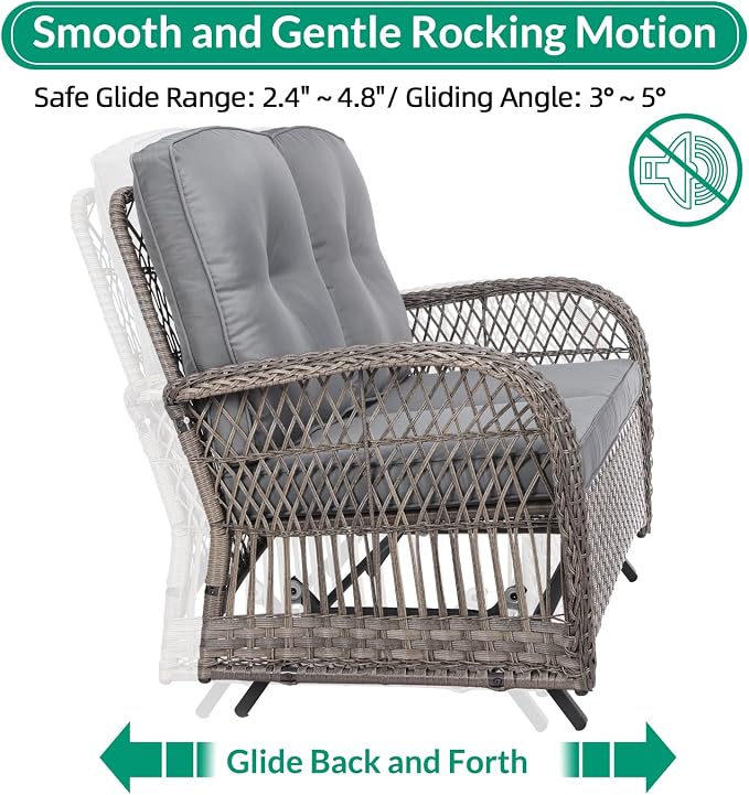 VIVIJASON 5-Piece Outdoor Patio Wicker Conversation Sets, All Weather Outdoor Rattan Furniture Set Includes Glider Loveseat, 2 Coffee Table, 2 Rocking Chairs with Cushions for Backyard, Grey