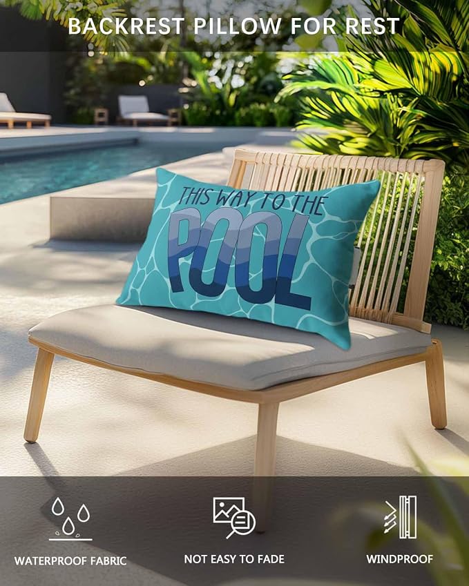 Outdoor Pillows Covers with Inserts Summer Swimming Pool Ocean Waves Waterproof Recliner Pillow with Adjustable Strap Throw Pillows for Patio Furniture Pool Lounge Chair, 11x16 inch, 1PCS