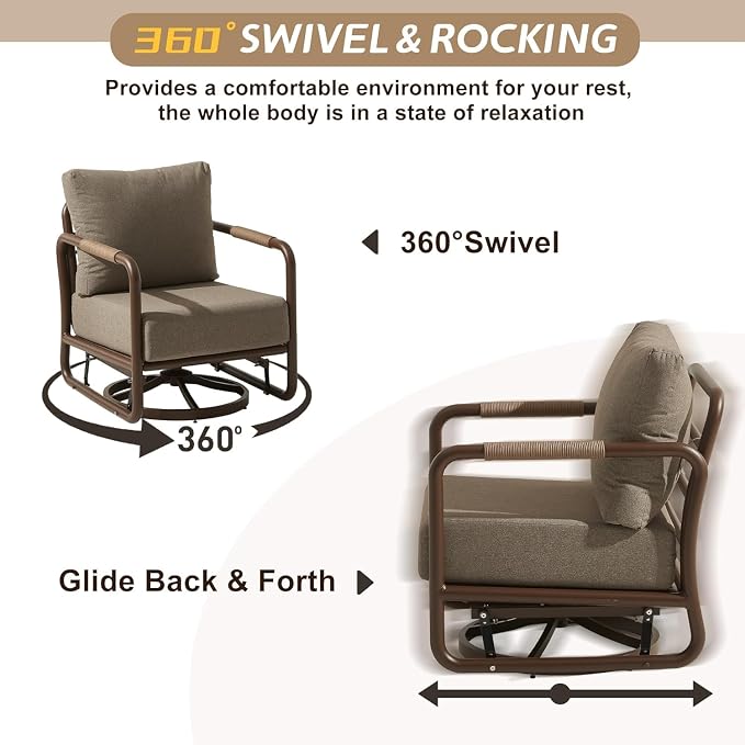 3-Piece Aluminum Outdoor Swivel Rocker Chair Set, 360° Swivel Rocking Seats with 6.5" Thick Cushions, 24" Wide Seat 380LBS Capacity & Side Table for Porch, Deck