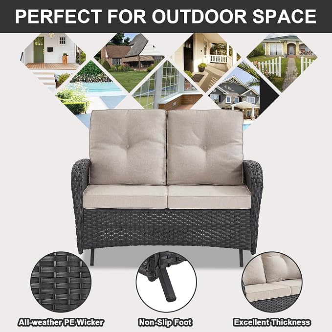 Belord 5-Piece Patio Furniture - Outdoor Conversation with Deep Seating Swivel Rocker Chairs Loveseat and Rattan Coffee Table, Black with Beige Cushion