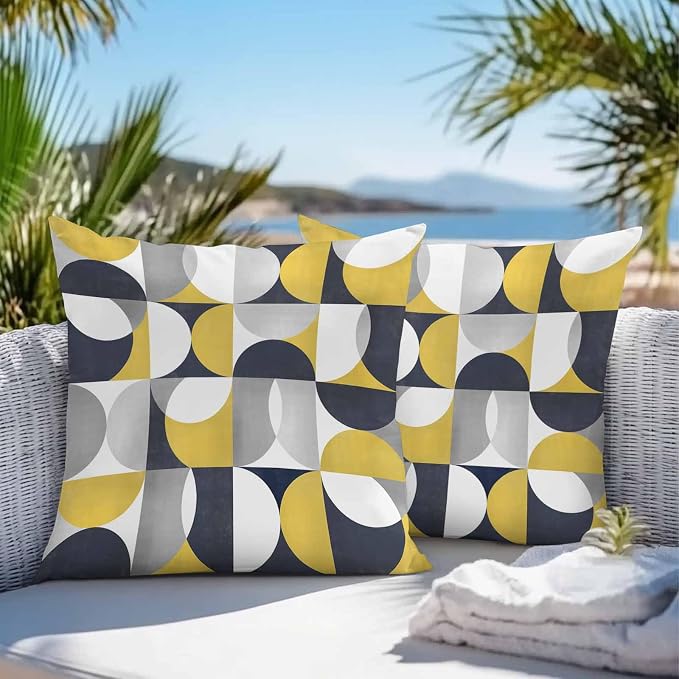 Vandarllin Outdoor Throw Pillows Covers 26x26 inch Set of 2 Waterproof Mid Century Geometric Decorative Zippered Cushion Covers for Patio Furniture, Abstract Modern Yellow Lumbar Pillowcases