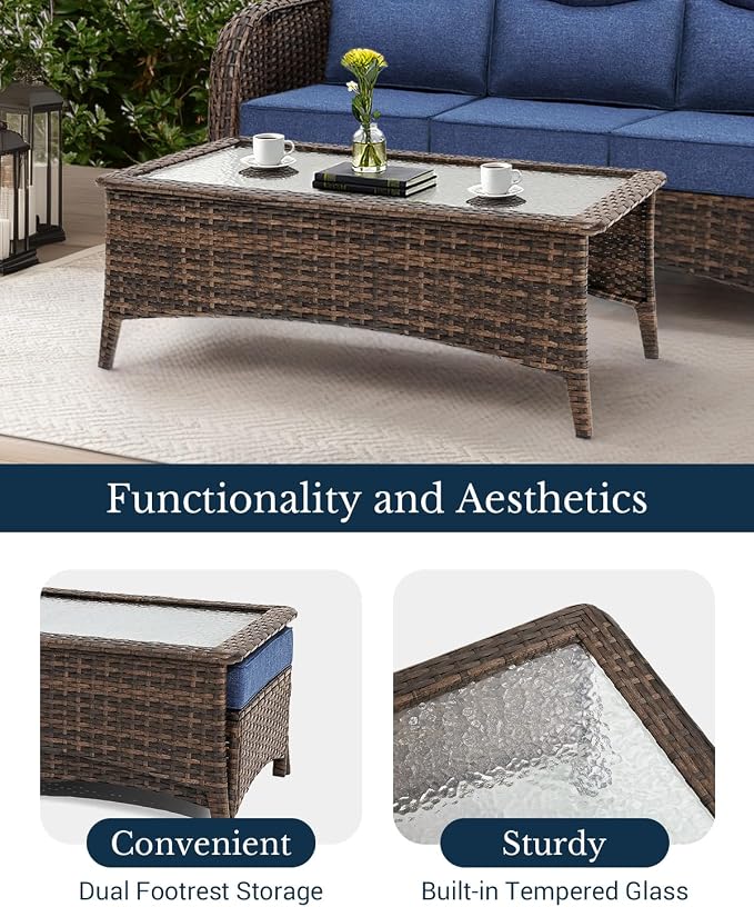 HILLGA Luxury Outdoor Patio Furniture Set with 6-Inch Thick Cushions, High Back Wicker Swivel Rocker Chairs, 11 Pcs All Weather Conversation Set for Large Deck, Yard and Poolside, Blue (V3)