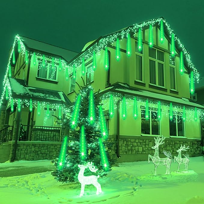 Weepong Halloween Lights Outdoor, Meteor Shower Christmas Lights for Halloween Decorations, 8 Tube 192 LED Snow Falling Rain Icicle String Light for Xmas Christmas Decor Tree Party, UL Plug Green