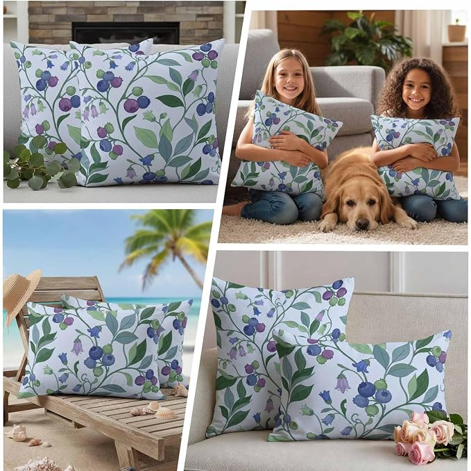 Blueberry Leaves Outdoor Pillow Covers 18"x18" Set of 2, Watercolor Blue Purple Fruit Floral Leaf Blue Waterproof Throw Pillow Covers for Patio Furniture, Decorative Cushion Covers for Porch
