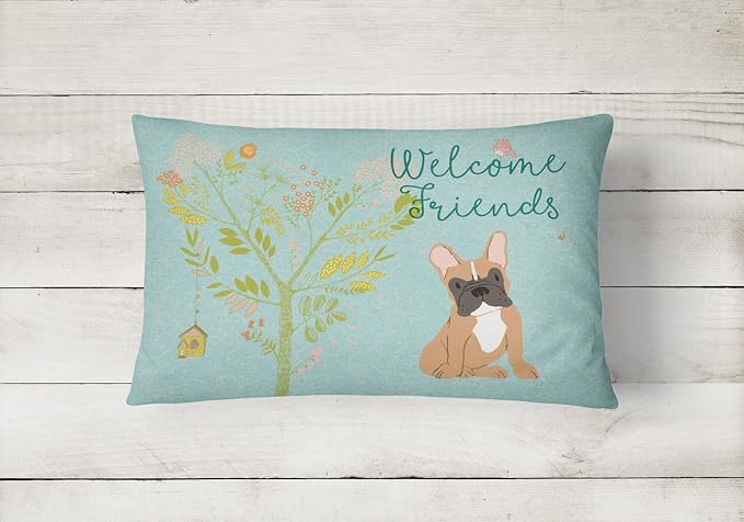 Caroline's Treasures BB7633PW1216 Welcome Friends Fawn French Bulldog Canvas Fabric Decorative Pillow Machine Washable, Indoor Outdoor Decorative Pillow for Couch, Bed or Patio, 12HX16W