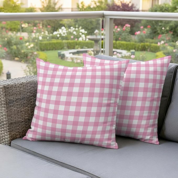 Rose Pink Checks Outdoor Pillow Covers 24"x24" Set of 2, Gingham Plaid Abstract Modern Minimalist Waterproof Throw Pillow Covers for Patio Furniture, Decorative Cushion Covers for Porch