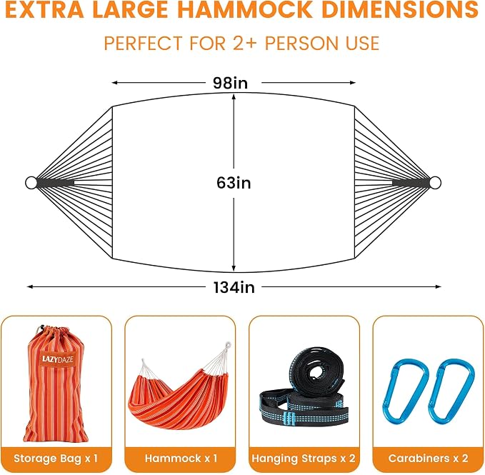 Lazy Daze Hammocks Double Brazilian Cotton Hammock, Extra Large Portable Outdoor Camping Hammock with Tree Straps & Travel Bag for Backyard Patio Poolside Indoor, 550lbs Capacity, Red Stripe