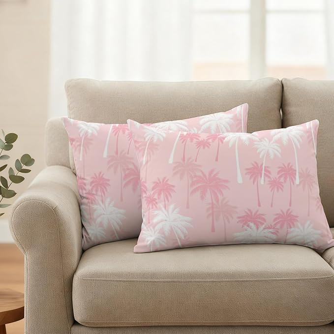 Lumbar Pillow Covers 20x12 Inch Set of 2, Tropical Palm Tree Waterproof Outdoor Pillow Covers, Pink White Plants Coastal Leaf Beach Decorative Cushion Pillowcases for Couch, Sofa, Bed, Garden, Patio