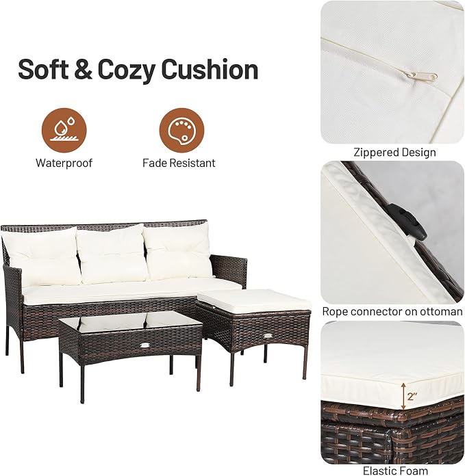 RELAX4LIFE 3 Pieces Patio Furniture Sectional Set, Rattan Wicker Conversation W/ 5 Cozy Seat & Back Cushions, Tempered Glass Coffee Table for Poolside, Balcony Outdoor Furniture (Beige+Brown)