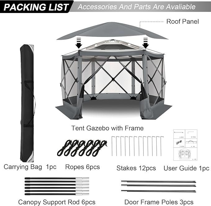 COBIZI 12x12 FT Pop Up Canopy Stargazing Tent, Gazebos On Clearance with Removable Roof, Screened in Gazebo, Screen Tents Portable carpas para Patio for Outdoor Camping,Backyard, Garden, Grey(Pro)