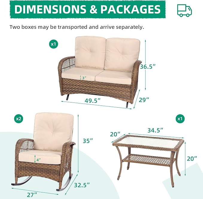 VIVIJASON 4-Piece Outdoor Patio Wicker Conversation Sets, All Weather Outdoor Rattan Furniture Set Includes Glider Loveseat, Coffee Table, 2 Rocking Chairs with Cushions for Backyard, Light Brown