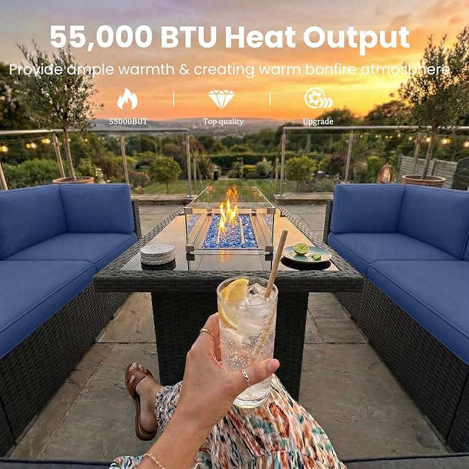 6 Pieces Patio Furniture Set with 44" Propane Gas Fire Pit Table, Outdoor Sectional Wicker Conversation Sofa Sets with Coffee Table