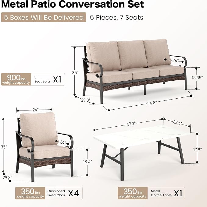SUNSHINE VALLEY 6 Piece Metal Outdoor Patio Furniture Sets, Patio Conversation Sets 1 3-Seater Sofa, 4 Single Sofa with 5.75" Extra Thick Cushion & Coffee Table, Black Frame Backyard Furniture, Beige