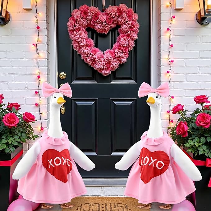 Valentine's Day Goose Outfit for 23" Porch Goose Holiday Pink Red Heart Cloths Costume Valentines Party Outdoor Garden Patio Yard Lawn Art Decoration