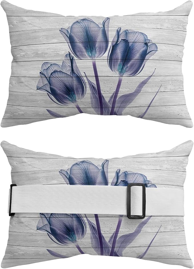 Outdoor Pillows Covers with Inserts Abstract Transparent Blue Flower Tulip Wood Grain Waterproof Pillow with Adjustable Strap Throw Pillows for Patio Furniture Recliner Lounge Chair, 12x20 inch, 1PCS