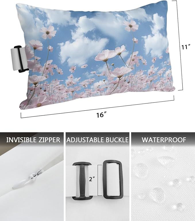 Outdoor Pillows Covers with Inserts Pink Flowers with Blue Sky and White Clouds Waterproof Recliner Pillow with Adjustable Strap Throw Pillows for Patio Furniture Pool Lounge Chair, 11x16 inch, 2PCS