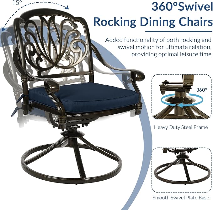 9-Piece Patio Cast Aluminum Dining Set, Outdoor Dining Furniture Set for 8 Person, Includes 64" Square Table, 4 Stationary and 4 Swivel Dining Chairs with Umbrella Hole, Navy Blue