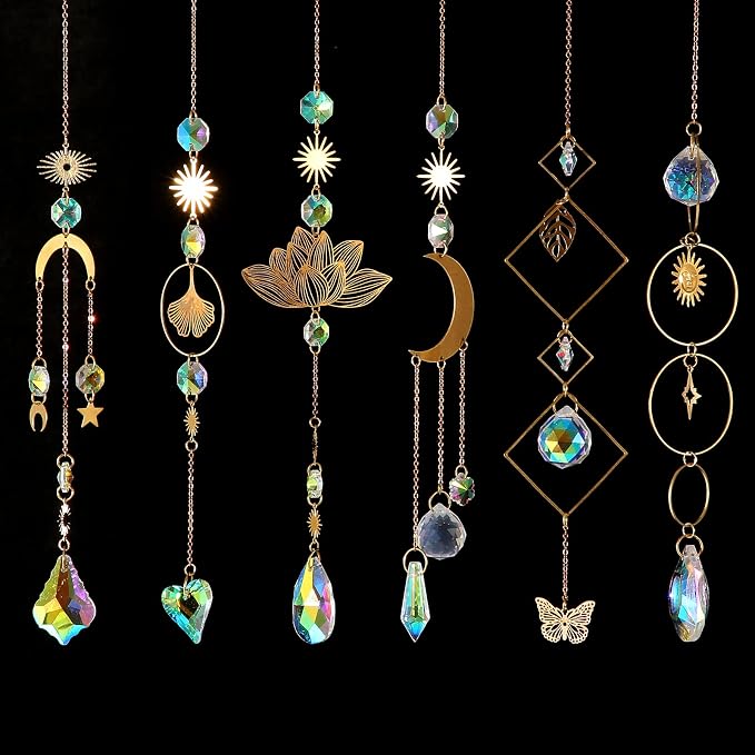 Sun Catchers, 6Pieces Colorful Crystals Suncatcher Hanging for Window | Crystal Ball Prism Rainbow Maker Pendant for Garden Christmas Tree Wedding Party Patio Backyard Car Home Indoor Outdoor Decor