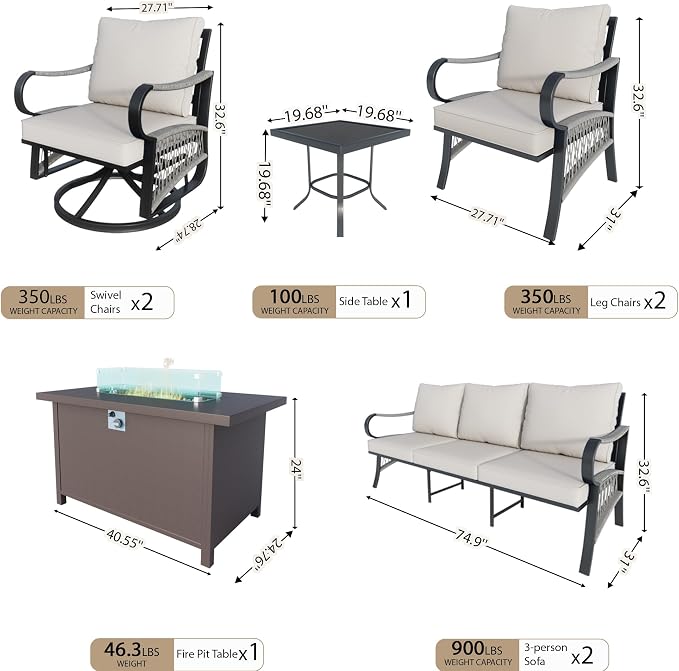 8 Pieces Outdoor Patio Conversation Sets, Outdoor Furniture Set Metal 2 Three-Seater 2 Swivel Rockers with Side Table 2 Single Chairs with Fire Pit Table for Backyard Deck Porch Poolside, Beige