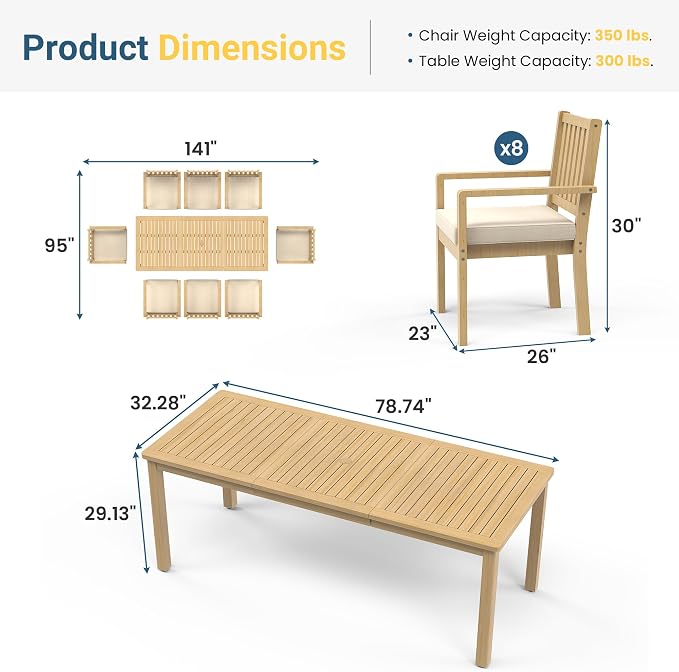 Wisteria Lane 9 Pieces Acacia Outdoor Patio Table and Chairs Set for 8, Patio Outdoor Dining Table Set with Cushion, Modern Outdoor Patio Set for Deck Lawn Backyard Garden, Beige